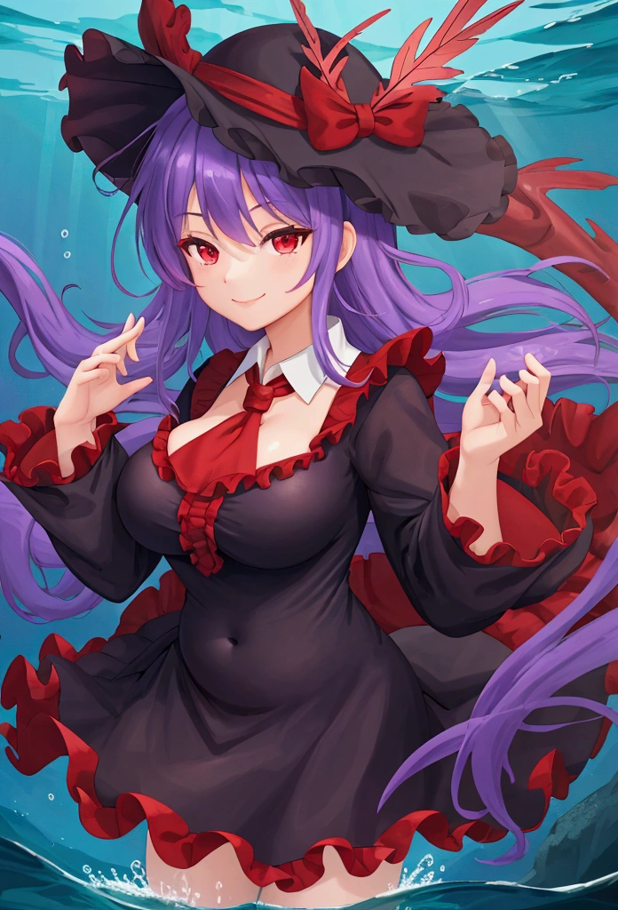 that dragon, Purple Hair, Red eyes, smile, Black Hat, Frills, Feather coat, Black Skirt, White shirt, Red Ascot, lightning, Ocean,underwater masterpiece, Highest quality, Perfect composition , belly button、Big Breasts