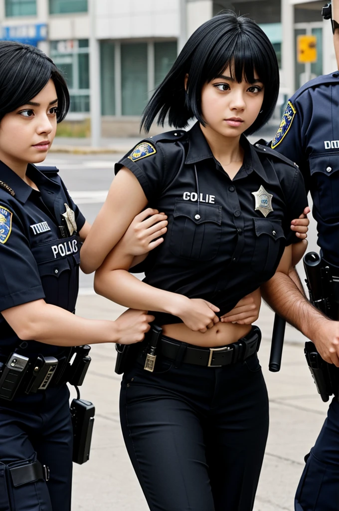 Black haired wolfcut anime girl getting arrested by cops