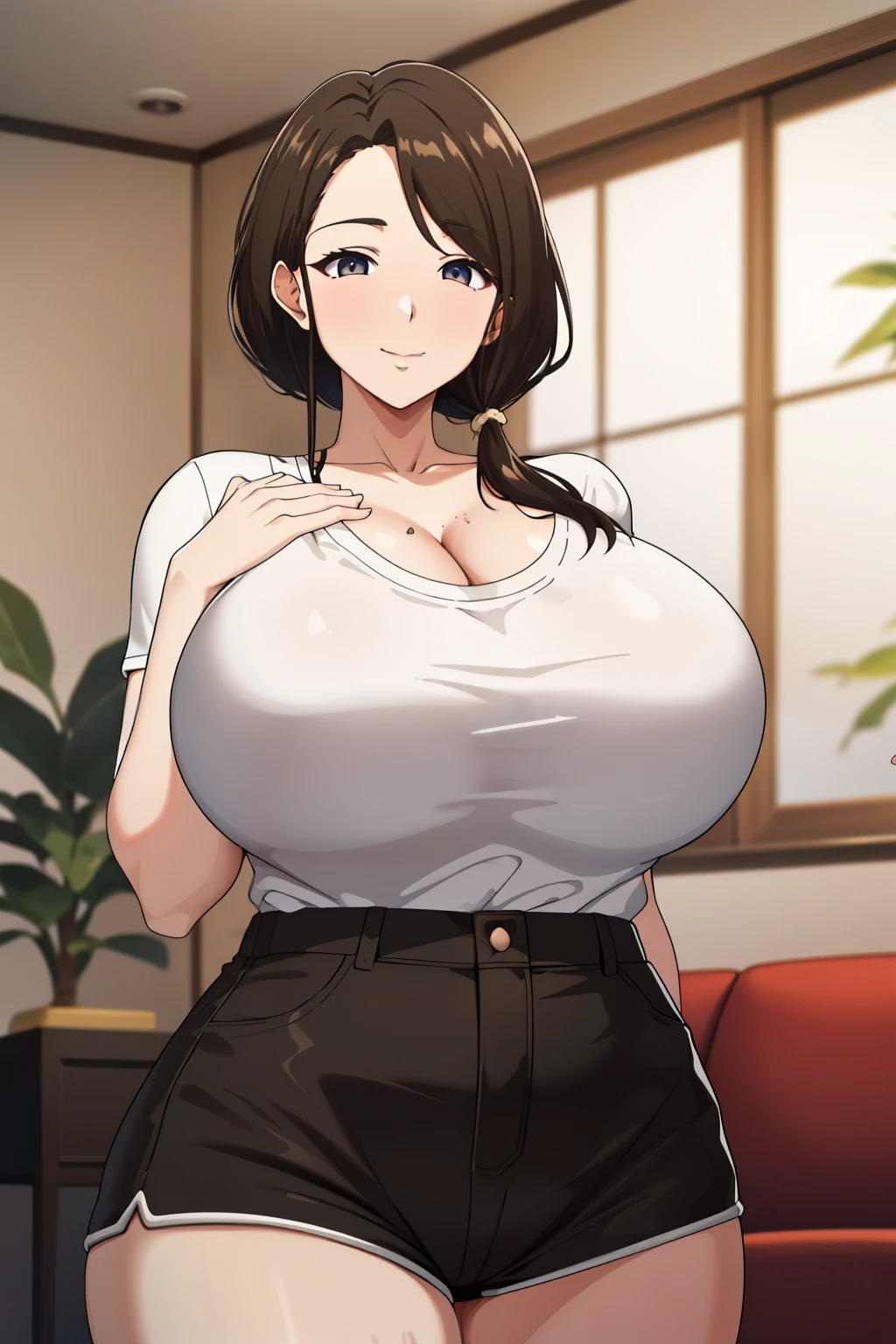 (超High resolution,4K,Very detailed, photograph, 8k, High resolution, High resolution, Absurd:1.2),Browsing Caution,40-year-old Japanese woman,expensive,Long black hair,Beautiful character design,Beautifully detailed eye depiction,Perfect Face,Expressive eyes,Brown eyes,smile,White T-shirt,hot pants,(Huge saggy breasts:1.2),(Deep Valley:1.6),Tight waist,In the living room,Daytime,Are standing,Provocative pose