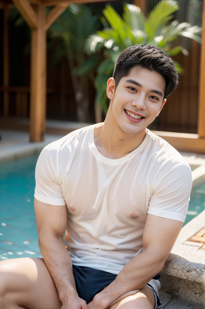 young man 20 years old , (ทรงผมแบบ Crew Cut: 1.3 ), black hair, short hair details, burly handsome man , white t-shirt ,White swimming trunks with large bulges, strong, handsome, outdoor, Take a steam shower., hot spring, Onsen, sweat, look at the audience., depth of field, Bokeh, Detailed background, Detailed light, diffuse natural sunlight, Skin glows naturally., symmetrical eyes, Big smile