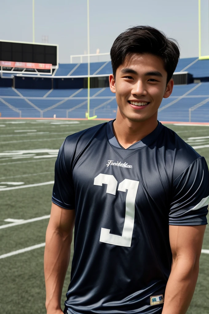 single: 1.5, (ที่TRUEแล้ว, Masterpiece, 8k HD, good light quality, sportswear, to fit the face, complicated details), A handsome Korean man with muscular arms.. , 20 years old, be happy, smile brightly, detailed face, delicate eyes, look at the sky, Wear a tight blue t-shirt.:1.6 ., black eyes, Black hair color, ผมsmooth, smooth,SurTRUE,Excellent details,Highest quality,TRUE,Open your mouth to talk.. , Close your eyes.., (standing in the football field:1.5)