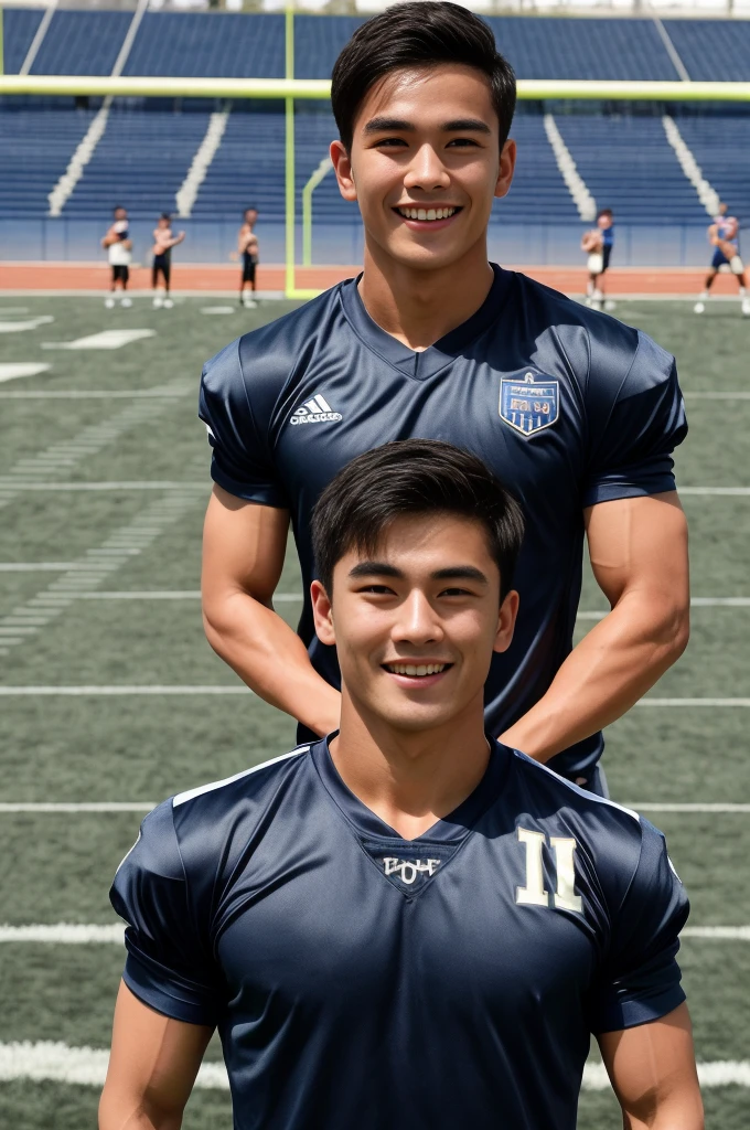 single: 1.5, (ที่TRUEแล้ว, Masterpiece, 8k HD, good light quality, sportswear, to fit the face, complicated details), A handsome Korean man with muscular arms.. , 20 years old, be happy, smile brightly, detailed face, delicate eyes, look at the sky, Wear a tight blue t-shirt.:1.6 ., black eyes, Black hair color, ผมsmooth, smooth,SurTRUE,Excellent details,Highest quality,TRUE,Open your mouth to talk.. , Close your eyes.., (standing in the football field:1.5)