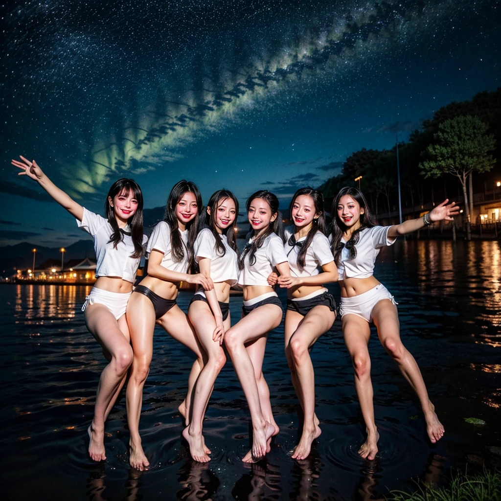  Masterpiece of ProfessionalPhoto ((ExtremelyDetailed (12 PICHIPICHI KAWAII Girls Floating in The Air in a row:1.37) in WHITE at Dusk Enoshima Beach)), {(Standing Full Body:1.2)|(from below:1.2)|Detailed KAWAII face}, Different types of hair colors, {(skinny(school swimwear))|(SchoolUniform)with Skinny AthleticShorts}, {(Corrected Childish hand)|Hidden hand|Different types of breasts|(Clearly Visible the shape of Butt)}, Joyful Expressions LifeLike Rendering, PerfectLighting, (Dazzling Horizon Visible through ThighGap), (Starry IridescentParticles:1.22) ColorfulClouds