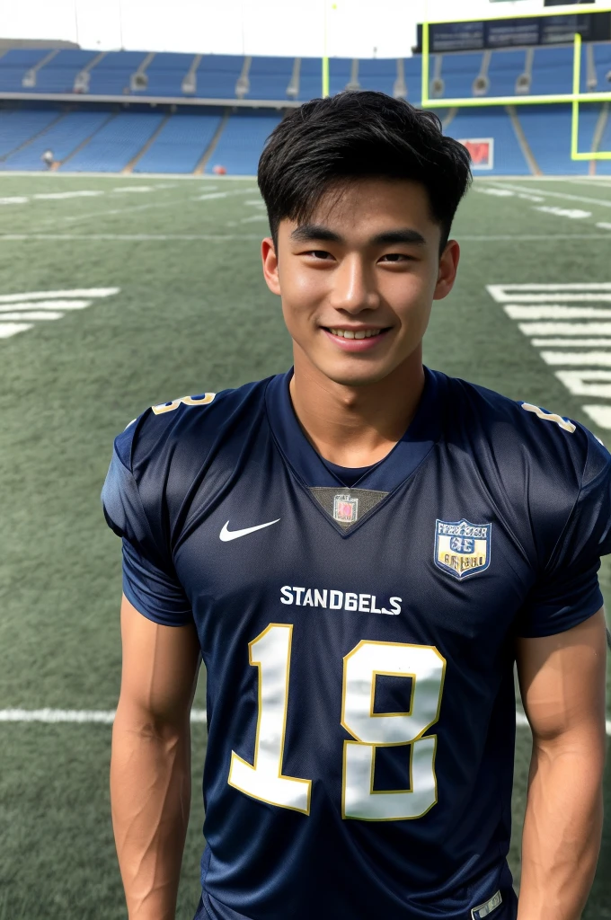 single: 1.5, (ที่TRUEแล้ว, Masterpiece, 8k HD, good light quality, sportswear, to fit the face, complicated details), A handsome Korean man with muscular arms.. , 20 years old, be happy, smile brightly, detailed face, delicate eyes, look at the sky, Wear a tight blue t-shirt.:1.6 ., black eyes, Black hair color, ผมsmooth, smooth,SurTRUE,Excellent details,Highest quality,TRUE,Open your mouth to talk.. , Close your eyes.., (standing in the football field:1.5)