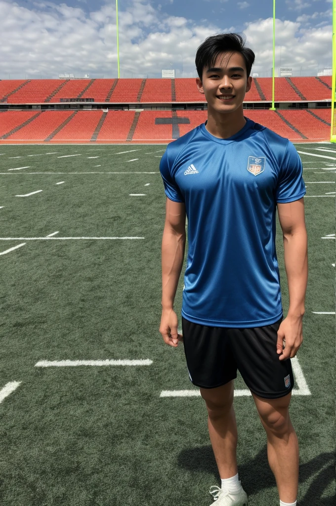 single: 1.5, (ที่TRUEแล้ว, Masterpiece, 8k HD, good light quality, sportswear, to fit the face, complicated details), A handsome Korean man with muscular arms.. , 20 years old, be happy, smile brightly, detailed face, delicate eyes, look at the sky, Wear a tight blue t-shirt.:1.6 ., black eyes, Black hair color, ผมsmooth, smooth,SurTRUE,Excellent details,Highest quality,TRUE,Open your mouth to talk.. , Close your eyes.., (standing in the football field:1.5)