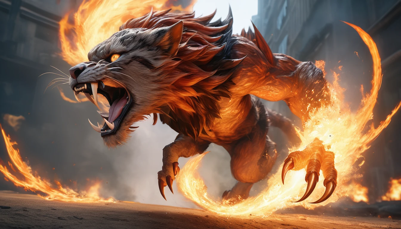 Realistic photos, RAW Photos, ifrit, attacks viewer, Powerful movements, jump on prey, ((Dynamic jump)), Sharp Claws, ifrit ,approaching from above, sudden approach, Bad-tempered, dynamic Shot from grand, flame magic,High resolution, masterpiece, Highest quality, Intricate details, Very detailed, Clear focus,texture, Delicate eyes, Professional, 4K,Shallow and deep, Kodak Vision Color, Exactly, Very detailed, photograph_\(Extremist\), photographpractical, practical, Post-processing, Maximum details, Roughness, Real Life, Extremist practical, Photorealism, photographgraphy, 8K Ultra HD, photographgraphy