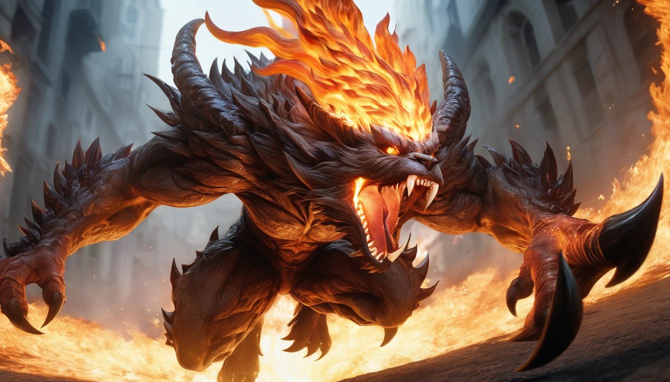 Realistic photos, RAW Photos, ifrit, attacks viewer, Powerful movements, jump on prey, ((Dynamic jump)), Sharp Claws, ifrit ,approaching from above, sudden approach, Bad-tempered, dynamic Shot from grand, flame magic,High resolution, masterpiece, Highest quality, Intricate details, Very detailed, Clear focus,texture, Delicate eyes, Professional, 4K,Shallow and deep, Kodak Vision Color, Exactly, Very detailed, photograph_\(Extremist\), photographpractical, practical, Post-processing, Maximum details, Roughness, Real Life, Extremist practical, Photorealism, photographgraphy, 8K Ultra HD, photographgraphy