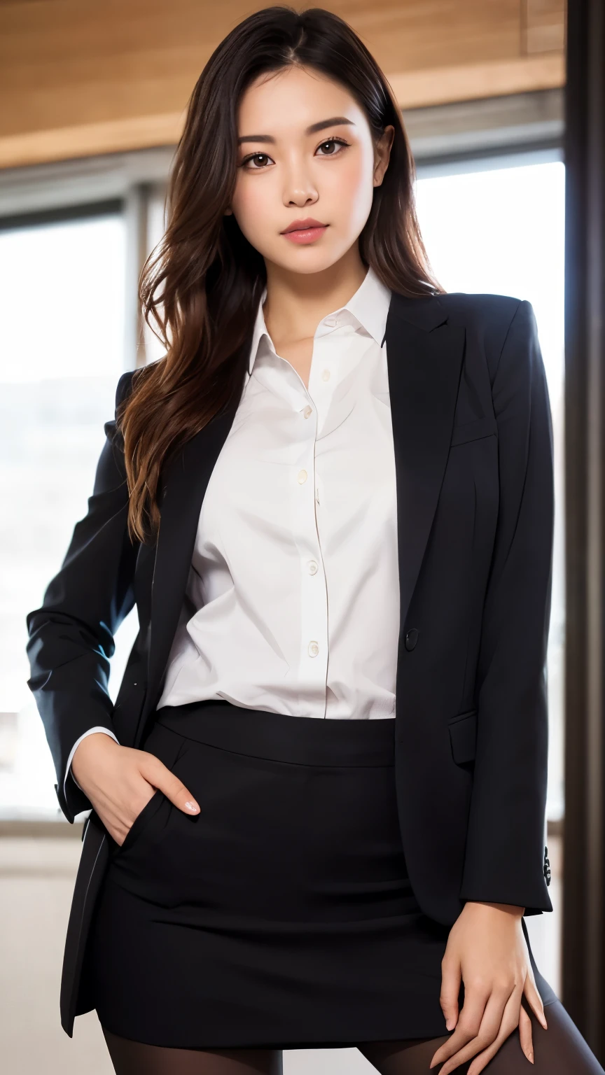 suitを着た上品な上流階級のエリート女性, 厳格なsuitを着ている, Wearing pantyhose、Wear high quality heels、 suitを着た女の子, suitを着用する, suitを着用する, suitを着て, Businesswoman, ビジネスsuit, 黒のsuitを着ている, Wearing a jacket and skirt, suitを着た女性, suit, ビジネスsuit, 高級suit、to be born,(8k、Highest quality、masterpiece:1.2)、(Intricate details:1.4)、(Realistic:1.4)、Octane Rendering、Complex 3D rendering with ultra-detail, Studio Soft Light, Rim Light, Sharp details, Super Detail, Realistic skin texture, detailed aspects, Beautiful details in the eyes, Highly detailed CG Unity 16k wallpaper, Compensate, (Detailed Background:1.2), Exposed thighs!!!,