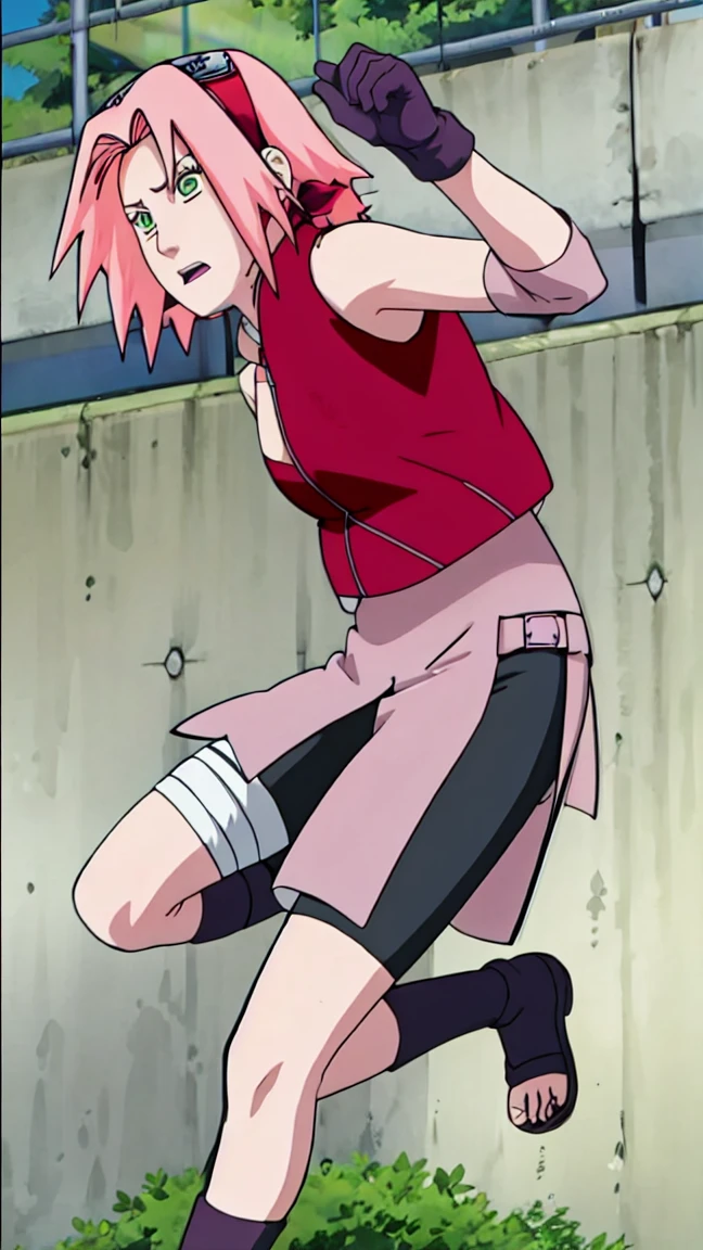 Sakura Haruno, Sakura Shippuden, open shirt,Unbuttoned, Split in the middle of the shirt, Sleeveless, Masterpiece, 1 woman, green eyes, condescending, elbow covers, black gloves, full body,Leg kick,Raise your legs high.,jump,angle
