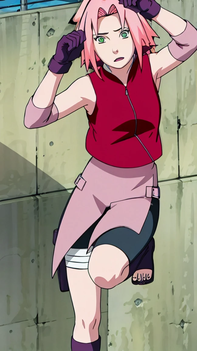 Sakura Haruno, Sakura Shippuden, open shirt,Unbuttoned, Split in the middle of the shirt, Sleeveless, Masterpiece, 1 woman, green eyes, condescending, elbow covers, black gloves, full body,Leg kick,Raise your legs high.,jump,angle