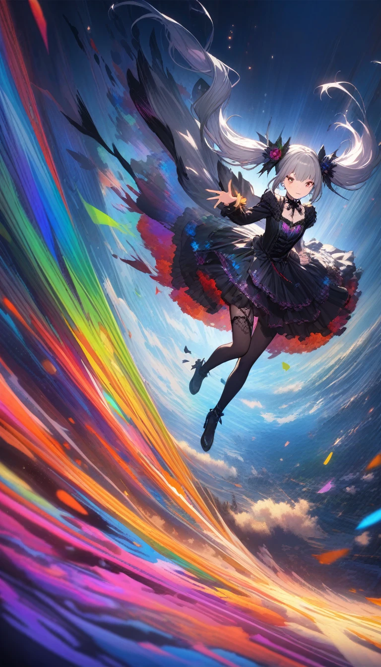 32K, Highest quality, 超High resolution, High resolution, 超High resolution, Highly detailed CG, unity 32K wallpaper, (One Girl),Gothic,Twin tails,Gray Hair, Organza Lace,Gorgeous and elaborate costumes,Gothic, Flight, green, (colorful), bold, Gradient Blend, Motion Blur, Shimmering texture, moving composition, Atmospheric perspective, Impressionism, , (masterpiece), (Highest quality), wonderful, (Beautiful details), (In detail), Written boundary depth, Extremely detailed CG, original, Highly detailed wallpaper, (Vibrant colors), Cinema Lighting, (colorful), blush,