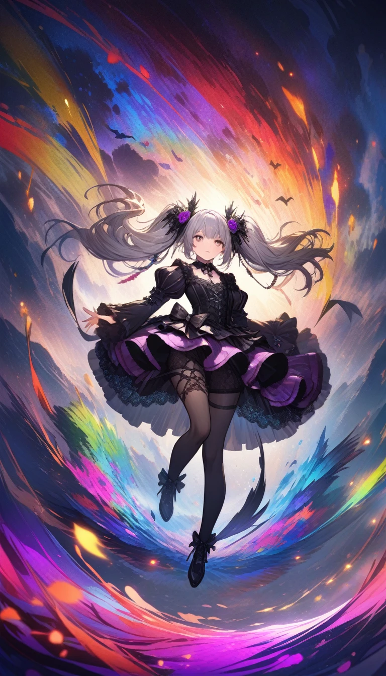 32K, Highest quality, 超High resolution, High resolution, 超High resolution, Highly detailed CG, unity 32K wallpaper, (One Girl),Gothic,Twin tails,Gray Hair, Organza Lace,Gorgeous and elaborate costumes,Gothic, Flight, green, (colorful), bold, Gradient Blend, Motion Blur, Shimmering texture, moving composition, Atmospheric perspective, Impressionism, , (masterpiece), (Highest quality), wonderful, (Beautiful details), (In detail), Written boundary depth, Extremely detailed CG, original, Highly detailed wallpaper, (Vibrant colors), Cinema Lighting,  (colorful), blush,