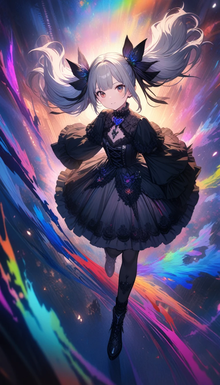 32K, Highest quality, 超High resolution, High resolution, 超High resolution, Highly detailed CG, unity 32K wallpaper, (One Girl),Gothic,Twin tails,Gray Hair, Organza Lace,Gorgeous and elaborate costumes,Gothic, Flight, green, (colorful), bold, Gradient Blend, Motion Blur, Shimmering texture, moving composition, Atmospheric perspective, Impressionism, , (masterpiece), (Highest quality), wonderful, (Beautiful details), (In detail), Written boundary depth, Extremely detailed CG, original, Highly detailed wallpaper, (Vibrant colors), Cinema Lighting, (colorful), blush,