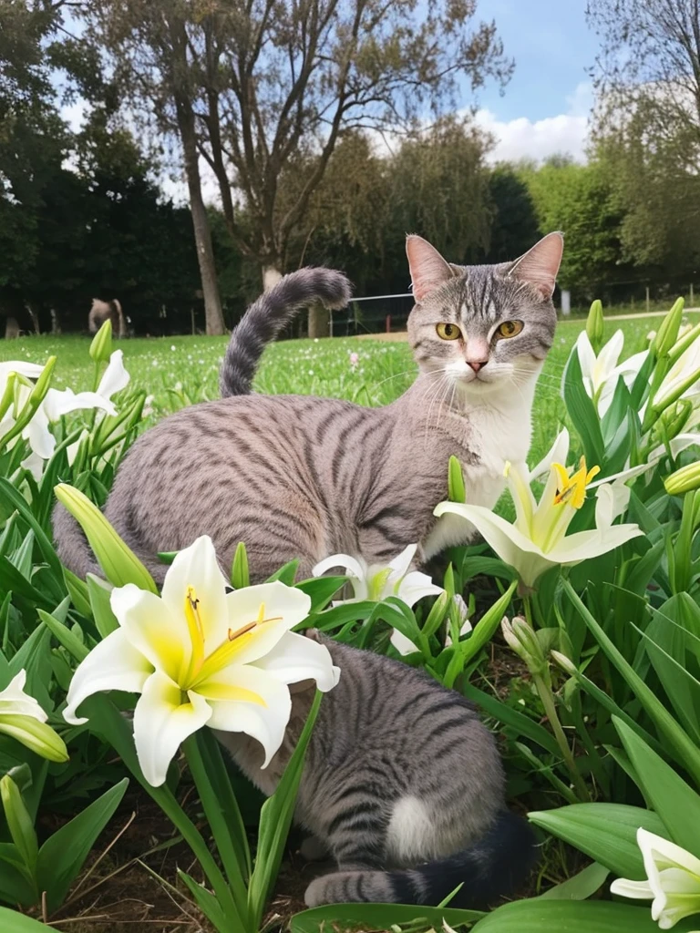 there is a cat that is sitting in the grass with a cat, cats and plants, two cats, cats sleeping, they are close to each other, in a field of flowers, hyacinth blooms surround her, lilies and daffodils, flowers on heir cheeks, very calm and wholesome, spring time, aww, cute cats, r/aww, flowers covering eyes