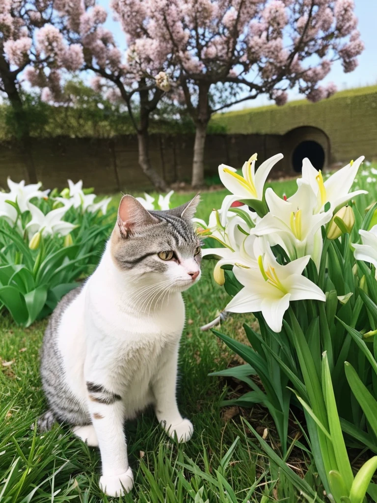 there is a cat that is sitting in the grass with a cat, cats and plants, two cats, cats sleeping, they are close to each other, in a field of flowers, hyacinth blooms surround her, lilies and daffodils, flowers on heir cheeks, very calm and wholesome, spring time, aww, cute cats, r/aww, flowers covering eyes