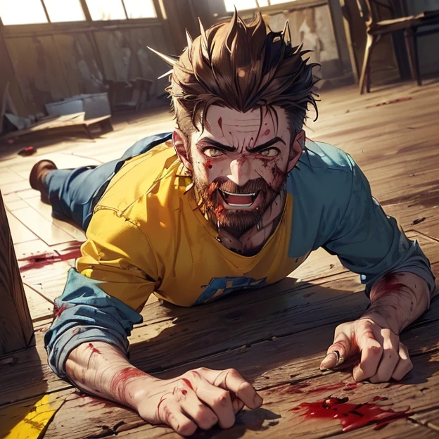 (master piece, best high quality image, very good detailed image, very good detailed character, very good detailed background, very detailed textures, carefully detailed and textures, character alone)
{{((1:character: 34 years old male terapist, (half-fair skin, brown eyes, spiky brown hair dirty with blood, chin brown beard dirt with blood, insane face, demeanor, crazy laughter, bleeding face, bleeding hands, bleeding arms, holding broken glass, lying on the floor), (yellow broken t-shirt dirty with blood, blue jeans dirt with blood), (terapist office, wooden floor full of b