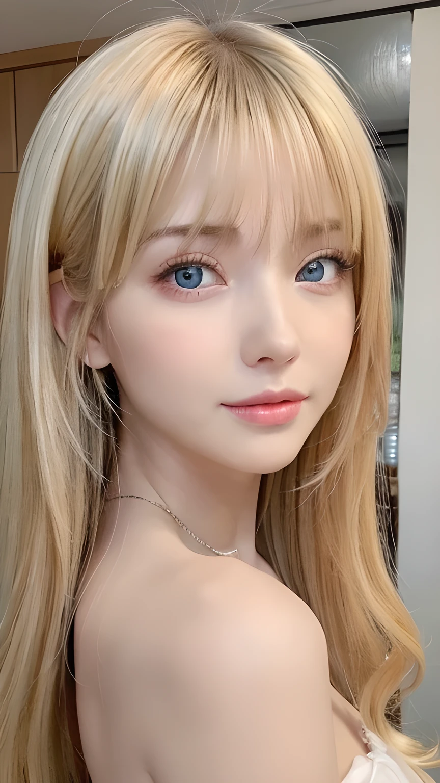 Super long, silky blonde hair、Very cute, beautiful and stunning girl、Bangs falling over the eyes、Hair on the face、Put one bang over your eye、Hair between the eyes、So perfect beautiful cute face、big, Her bright, light blue eyes are so beautiful and sparkling.、Very big eyes、White and lustrous skin、Small Face Beauty、Cheek gloss highlighter、Incredibly white, beautiful, bright and radiant skin、Round face