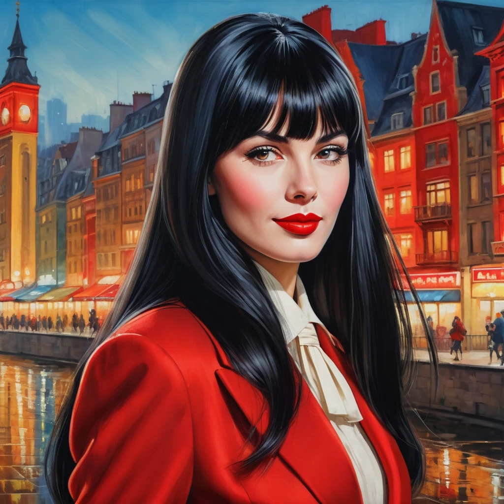 High-quality realistic acrylic art, vivid colors, lateral point of view, a beautiful vintage european woman with long black straight hair, bangs, looking at the viewer with suspicious face and a shy smile, red lips, she wears vintage suit, tight gloves, big city background