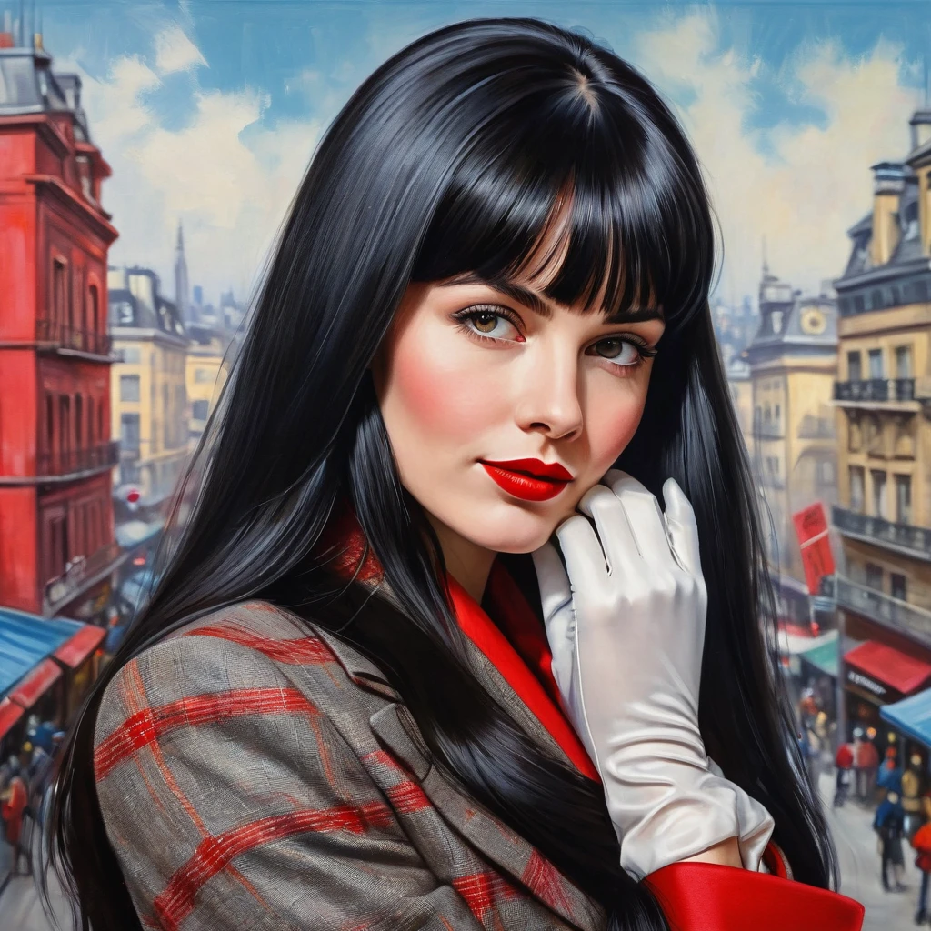 High-quality realistic acrylic art, vivid colors, lateral point of view, a beautiful vintage european woman with long black straight hair, bangs, looking at the viewer with suspicious face and a shy smile, red lips, she wears vintage suit, tight gloves, big city background