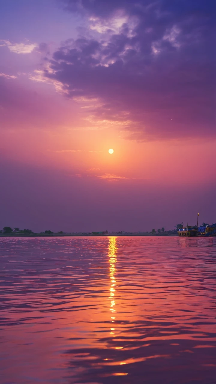 a serene sunset scene by the ganges river,beautiful detailed sky with vibrant colors reflecting on the shimmering water surface,gentle waves lapping against the shore,distant sounds of prayers being sung,atmospheric lighting,photorealistic,8k,highly detailed,masterpiece
