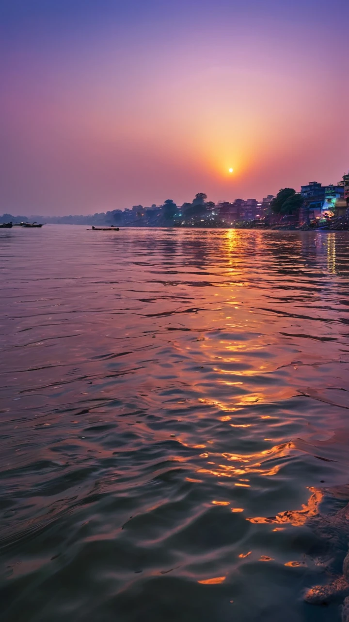 a serene sunset scene by the ganges river,beautiful detailed sky with vibrant colors reflecting on the shimmering water surface,gentle waves lapping against the shore,distant sounds of prayers being sung,atmospheric lighting,photorealistic,8k,highly detailed,masterpiece