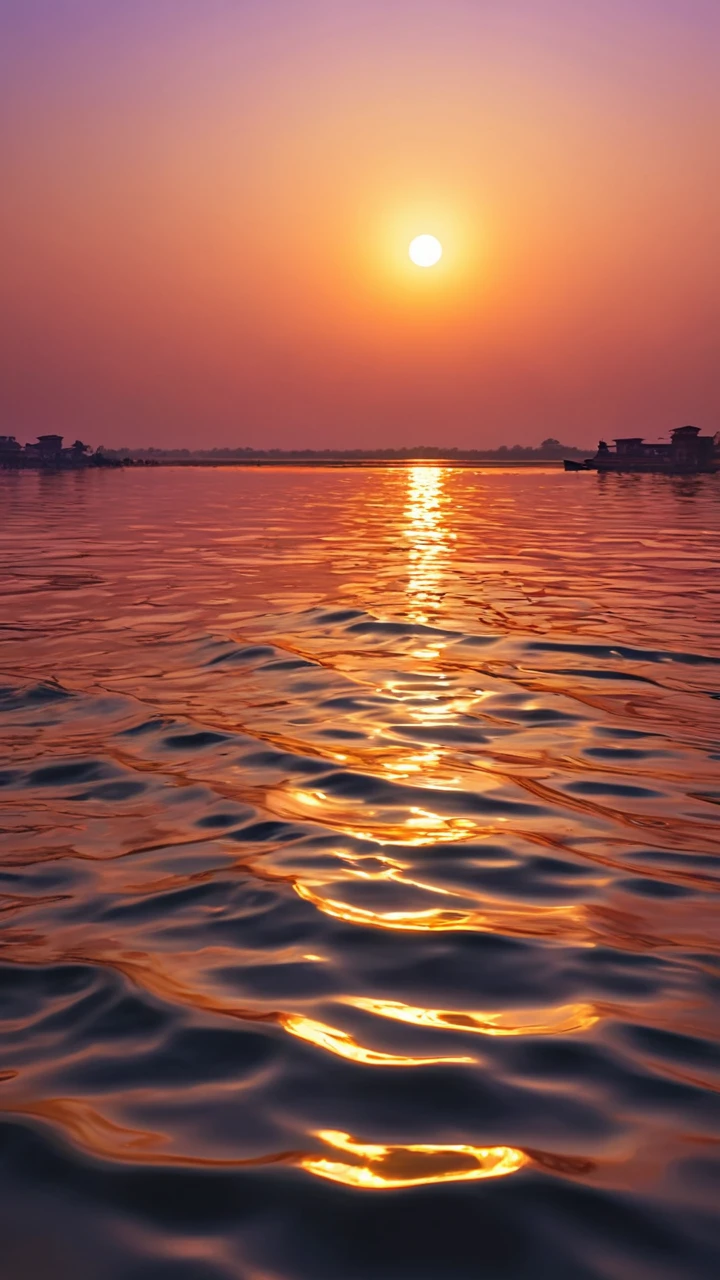 a serene sunset scene by the ganges river,beautiful detailed sky with vibrant colors reflecting on the shimmering water surface,gentle waves lapping against the shore,distant sounds of prayers being sung,atmospheric lighting,photorealistic,8k,highly detailed,masterpiece