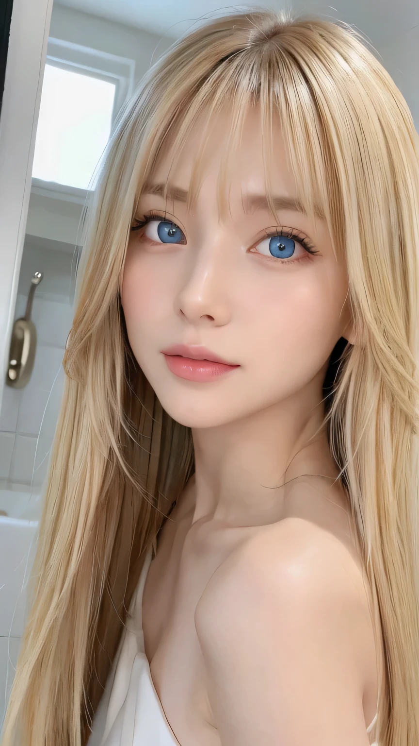 Super long, silky blonde hair、Very cute, beautiful and stunning girl、Bangs falling over the eyes、Hair on the face、Put one bang over your eye、Hair between the eyes、So perfect beautiful cute face、big, Her bright, light blue eyes are so beautiful and sparkling.、Very big eyes、White and lustrous skin、Small Face Beauty、Cheek gloss highlighter、Incredibly white, beautiful, bright and radiant skin、Round face