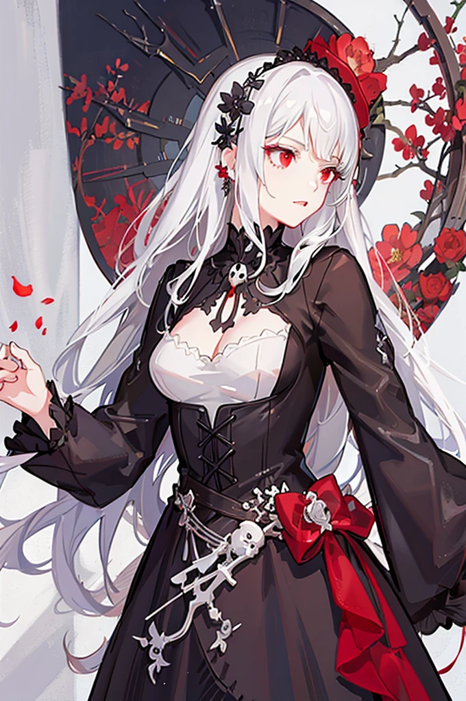 Anime girl, white hair, ((white skeleton)), red flower, illustration, 25 year old, bone, skull, ((bust-up)), red eyes, black and red dress, luxurious,