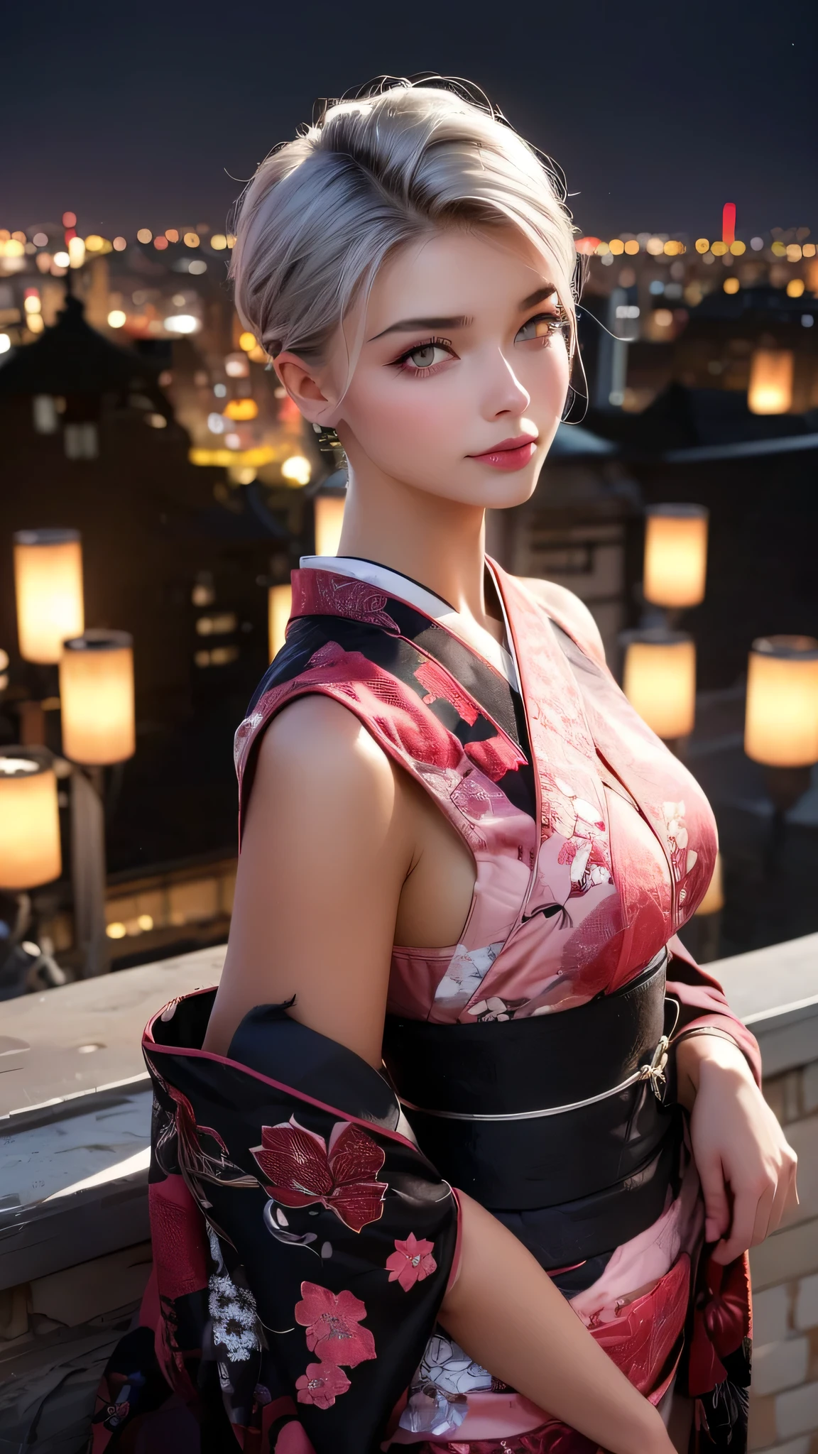 masterpiece,Japanese-style costume design like a game character,Overall red and black,On the roof, Beautiful woman, Black kimono, White floral pattern, hair ornaments, Japan hair, Silver Hair,high quality, Realistic, detailed, On the roof, Soft lighting, luxury, Grace, Natural posture, high qualityのメイクアップ, flashy、luxury、Nice、Silk texture, 20-year-old woman, Platinum-coloured hair, (High Top Fade:1.3), Shoulder-length hair,(Hair with pink gradation at the ends,) ((Pale red eyes,)) Dark Theme, Calm tone, Calm colors, High Contrast, (Natural skin texture, Hyperrealism, Soft Light, sharp)smile,