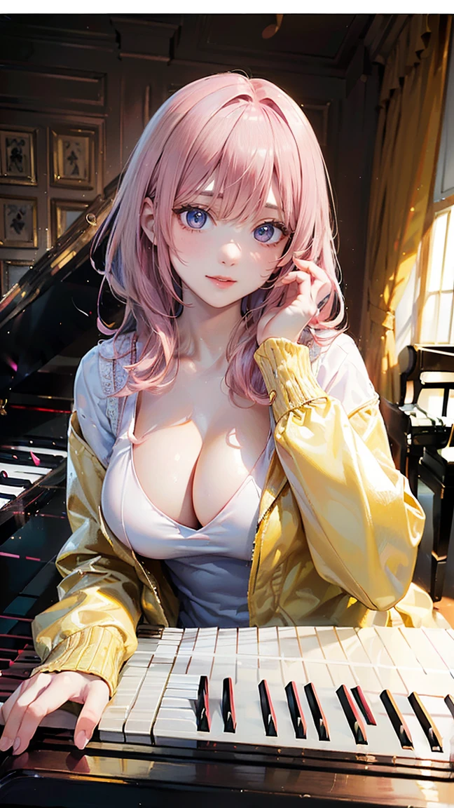 ((Highest quality, 8k, masterpiece :1.3)), (Sharp focus :1.2, Beautiful woman with perfect figure :1.4, Slim Abs), ((Big Breasts, Emphasize cleavage:1.2)), (Photorealistic:1.4), (realistic:1.4), (Pink Hair:1.5), Highly detailed face and skin texture, Fine grain, double eyelid. Makeup face, A little bit of lipstick, sex appeal, Sexy gravure pose, ((Yellow jacket and white shirt、The background is the piano in the music room、Concentrated expression、Katyusha in the hair、Pose in front of the piano。:1.3)
