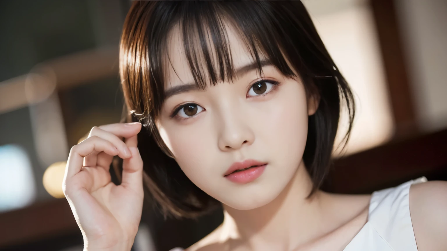 (Gyeongsan:1.5), close, masterpiece, Highest quality, RAW Photos, Realistic, face, Incredibly absurd, beautiful girl, cute, short hair, Depth of written boundary, High resolution, Very detailed, In detail, Very detailed, Very detailed eyes and face, Sharp pupils, Realistic students, Sharp focus, Cinema Lighting,Photographed inside the cafe