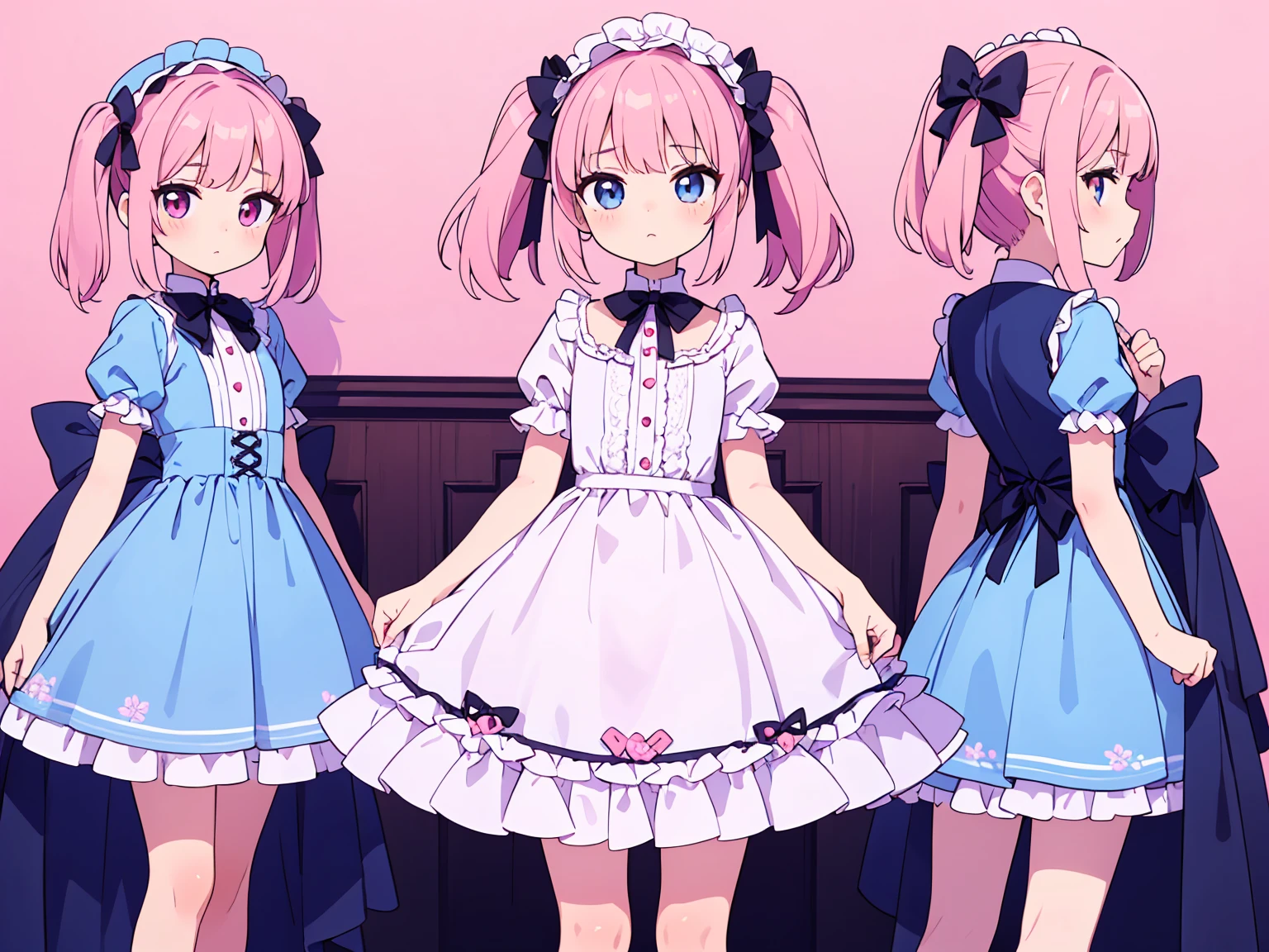 (masterpiece:1.2), best quality, highres, original, (extremely detailed:1.2), ultra-detailed, wallpaper, perfect lighting,(extremely detailed CG:1.2), 8k, 1boy, solo, crossdressing, tomgirl, kawaii, (twintails, pink hair:1.1), (Lolita Fashion, pink lolita dress, short-sleeves, bowknot on waistline, lace hemline, knee-length dress, delicate dress:1.2), (anatomically correct:1.3), standing, close-up, from behind, view of back, back-angle, (dreamlike background, pink background, girly background, sakura patterns:1.2)