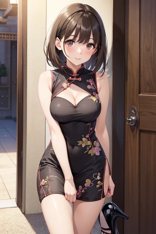 anegasaki nene、Shiny brown hair, short hair, (Beautiful brown eyes、Sparkling eyes, Fine grain)、smile、Ultra-detailed eyes、非常にDetailed face, Highly detailed eyes,


masterpiece, Highest quality, High resolution, Pixel perfect, Depth of written boundary, 
One girl, single, alone, Are standing、In town、Beautiful Anime Girls, Beautiful art style, (Detailed face), (blush), Anime CG style,
 (Medium chest), Good lighting, Perfect body, Lips parted, Glossy Lips, (Sleeveless cheongsam), Cleavage, (High heels)