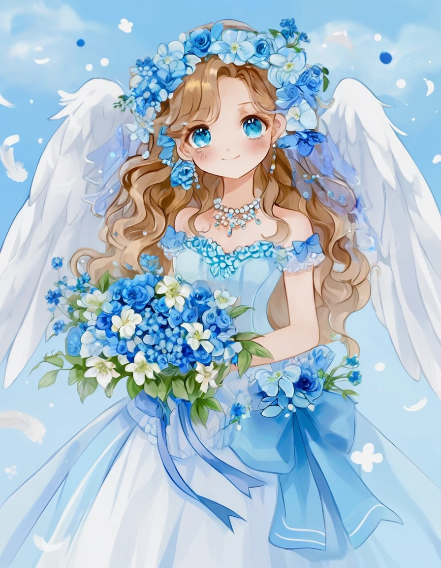 A girl in a blue dress holding a bouquet, of an beautiful Angel Girl, Beautiful angel, Angel Girl, Beautiful Anime style, of Beautiful angel, Beautiful Anime girl, Beautiful Anime art style, Anime Princess, Angelic, Beautiful Anime, Digital art on Pixiv, Cute anime waifu in a nice dress, Marie Angel, Cute and detailed digital art