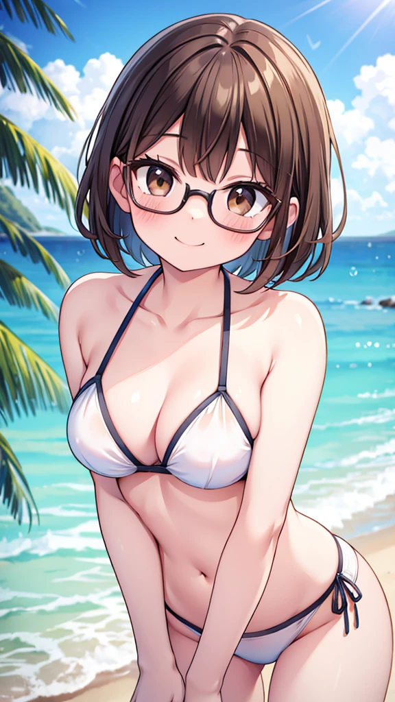 Puzzled、boyish、Baby Face、fun、comical smile、Shynesischief、Expectations、surprise、Shyness、Sandy Beach、Midsummer、sun、Ocean、blue sky、Daytime、pretty girl , One Girl, Brown Hair、Very short hairstyle, Brown eyes、Red frame glasses、A soft-looking body、Normal body type、White skin、White Bikini,Highest quality, 4K, 8k, High resolution, masterpiece:1.2, Very detailed, Realistic, photoRealistic, photo-Realistic:1.37, High resolution, 超High resolution, Studio Lighting, Ultra-Okay painting, Sharp focus, Physically Based Rendering, Very detailed説明, Professional, Vibrant colors, Bokeh