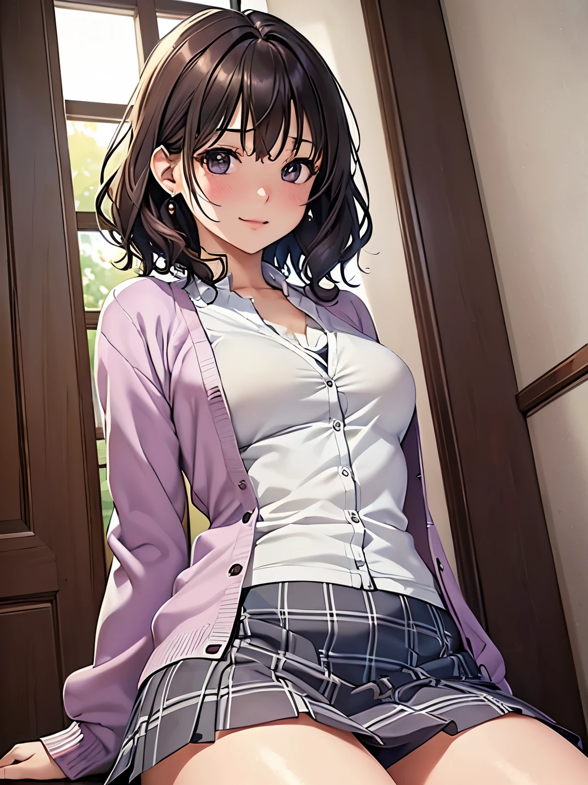 (Highest quality, High resolution,  Masterpiece, 4K), (Soft light、Luster of hair、Beautiful eyes)、young woman、The whole body is visible、Adorable smile、 ((Wavy medium short hair, bangs, Chestnut Hair)), ((Wistful eyes、Gray Eyes, Perfect Eyes)), ((Detailed face, blush:1.1)), ((Smooth texture:0.75, Realistic texture:0.65, Realistic:1.1, Anime CG Style)),Medium chest、Dynamic Angle、A body with just the right amount of flesh、(Sexy thighs、I see beautiful legs)、(Purple cardigan、Checkered Skirt)、Earrings、Angle from the front、Peeking into this、The hem of the top is visible、Angle from below