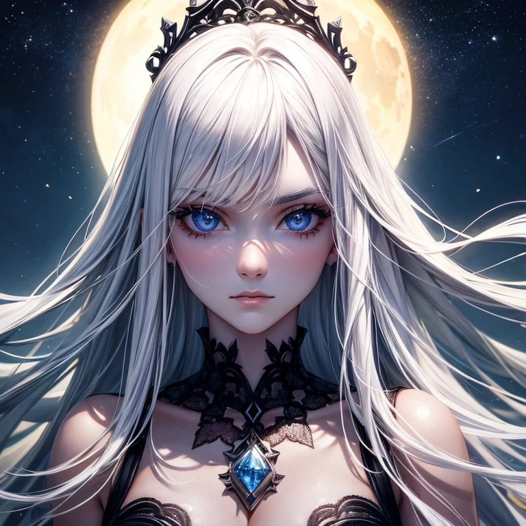 masterpiece, best quality, (alone focus), (perfect face:1.1), (high detail:1.1), (Ultra-detailed eyes), Dramatic, 1 person, (pale skin), long white hair, ethereal eyes, (Light eyebrows), alone, long hair, Thiago Azevedo, moon, night, White luxury suit, Pouting, Fur, A proud expression,garden, Detailed Background, artgerm art, movie lighting, Rose, Fashion, Balenciaga style