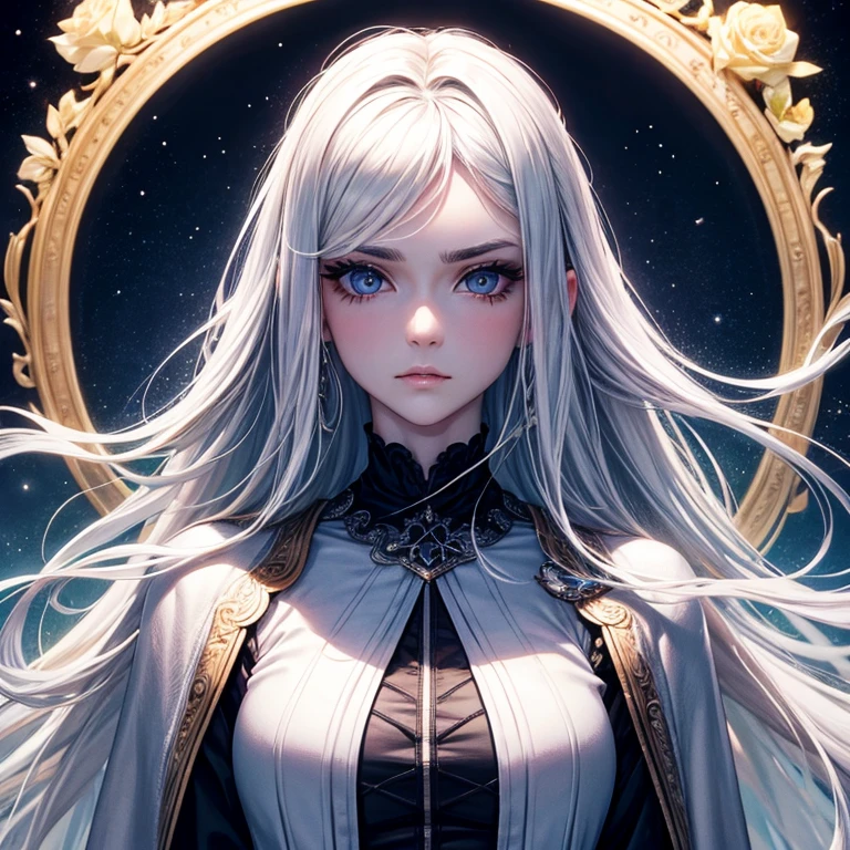 masterpiece, best quality, (alone focus), (perfect face:1.1), (high detail:1.1), (Ultra-detailed eyes), Dramatic, 1 person, (pale skin), long white hair, ethereal eyes, (Light eyebrows), alone, long hair, Thiago Azevedo, moon, night, White luxury suit, Pouting, Fur, A proud expression,garden, Detailed Background, artgerm art, movie lighting, Rose, Fashion, Balenciaga style