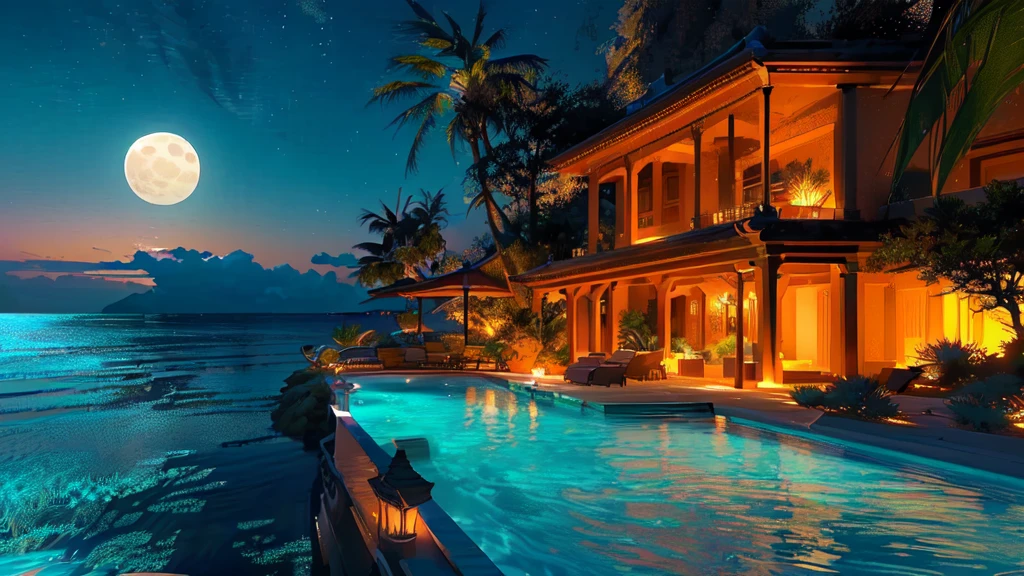 night view of a pool with a full moon in the sky, luxurious environment, hd wallpaper, beautiful wallpaper, amazing wallpaper, architectural visualization, luxury lifestyle, paradise in the background, high-quality wallpaper, next to a tropical pool, stunning screensaver, high quality rendering, modern setting, wallpaper hd, ambient lighting at night, epic and stunning, beachfront mansion