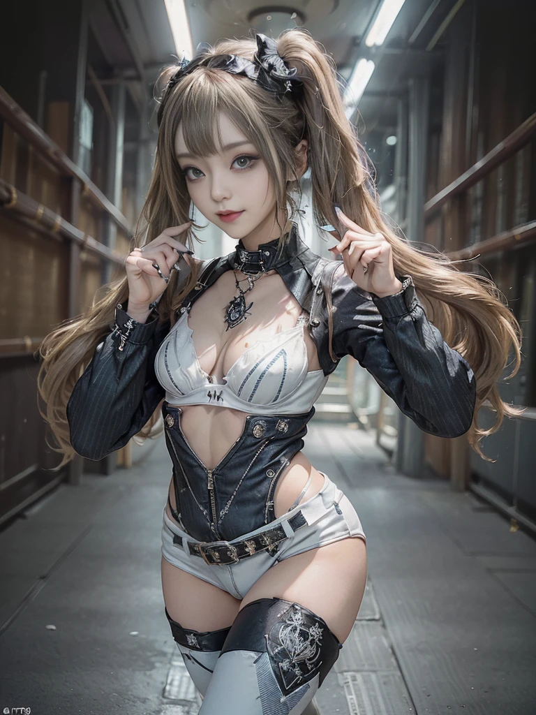 (Full Body View:1.2)、(Side view:1.2)、(Smiling with teeth showing:1.3),(Shibuya Gal:1.5)、(Gothic Lolita style fashion:1.5)、(Punk RockVisual Kei:1.5)、(Wearing a rhythmic gymnastics bodysuit with intricate details:1.4)、(Racing suit and pants with delicate decorations in white, denim and charcoal:1.5)、(Denim and light blue and white boots:1.3)、((belt))、(Numerous delicate logo marks all over the costume:1.4)、(collar:1.3)、(Striped underwear:1.5)、20-year-old、NSFW、((Highest quality、In 8K、masterpiece:1.3))、Sharp focus:1.2、(Layered Cut、Huge boobs:1.1),Beautiful woman with perfect figure:1.4、(Doing an aerobics pose:1.3)、Slender Abs:1.2、Highly detailed face and skin texture、Detailed eyes、double eyelid,(Twin tails:1.3)、(Brown-golden hair:1.3)、Gravure idol、(The background is a beautiful crystal underground palace:1.3)、(Slim Body:1.3),(Make your legs thinner:1.4),(Thin thighs:1.1)、（clavicle:1.1）