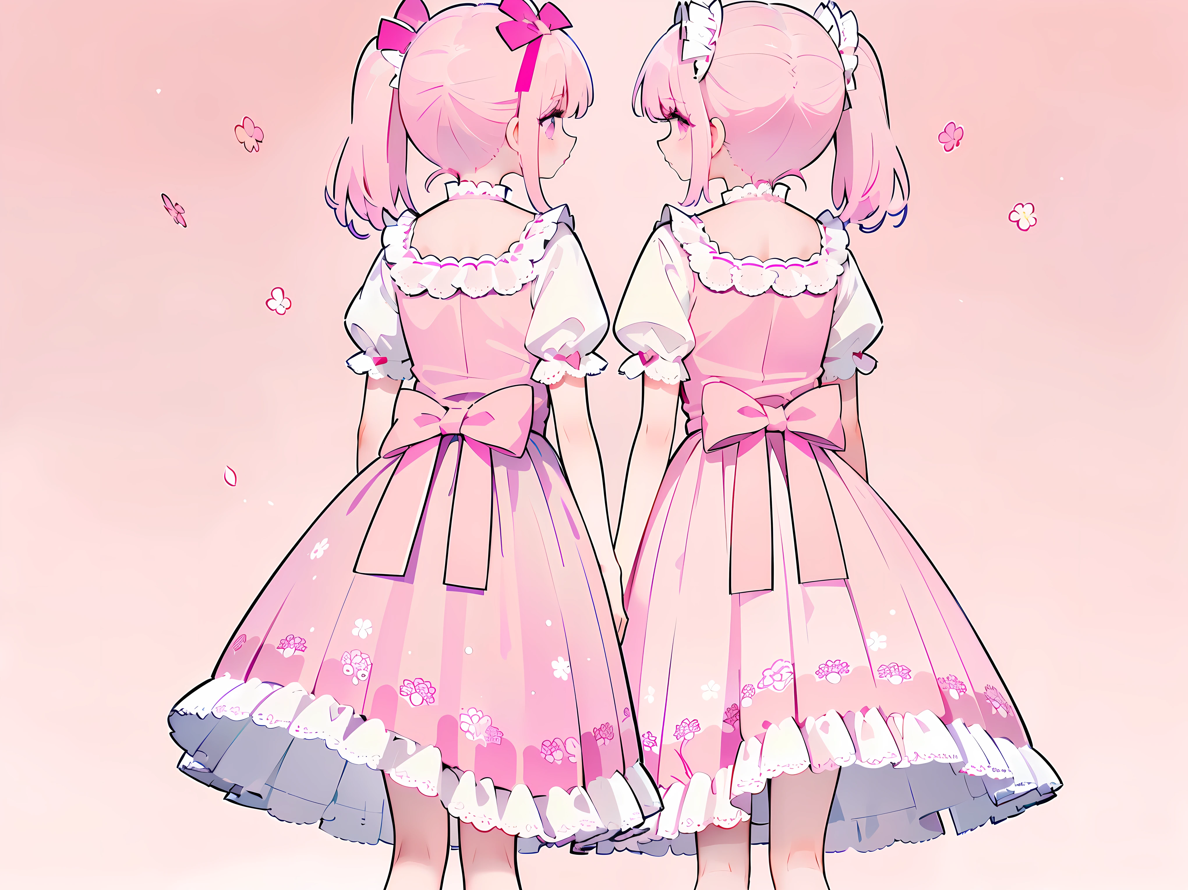 (masterpiece:1.2), best quality, highres, original, (extremely detailed:1.2), ultra-detailed, wallpaper, perfect lighting,(extremely detailed CG:1.2), 8k, 1boy, solo, crossdressing, tomgirl, kawaii, (twintails, pink hair:1.1), (ta Fashion, pink loliress, short-sleeves, bowknot on waistline, lace hemline, knee-length dress, delicate dress:1.2), (anatomically correct:1.3), standing, close-up, from behind, view of back, back-angle, (dreamlike background, pink background, girly background, sakura patterns:1.2)