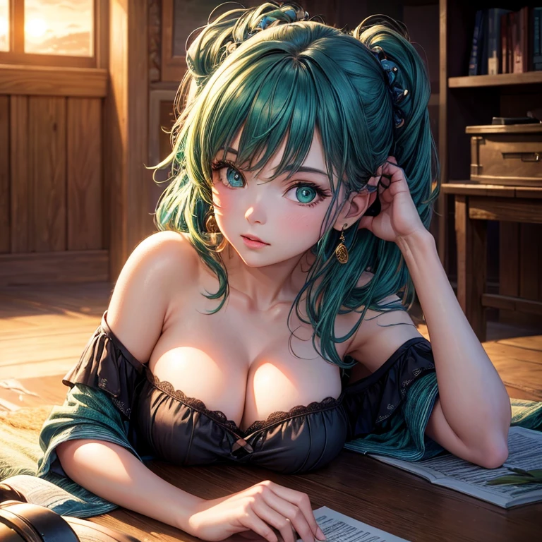 best quality, masterpiece, Ultra-high resolution, (realism: 1.4), original photo, 1 girl, Green eyes, Off-shoulder style, movie lighting, blue hair, at sunset