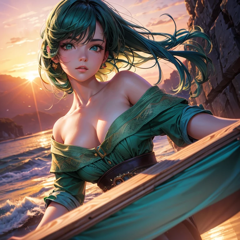 best quality, masterpiece, Ultra-high resolution, (realism: 1.4), original photo, 1 girl, Green eyes, Off-shoulder style, movie lighting, blue hair, at sunset
