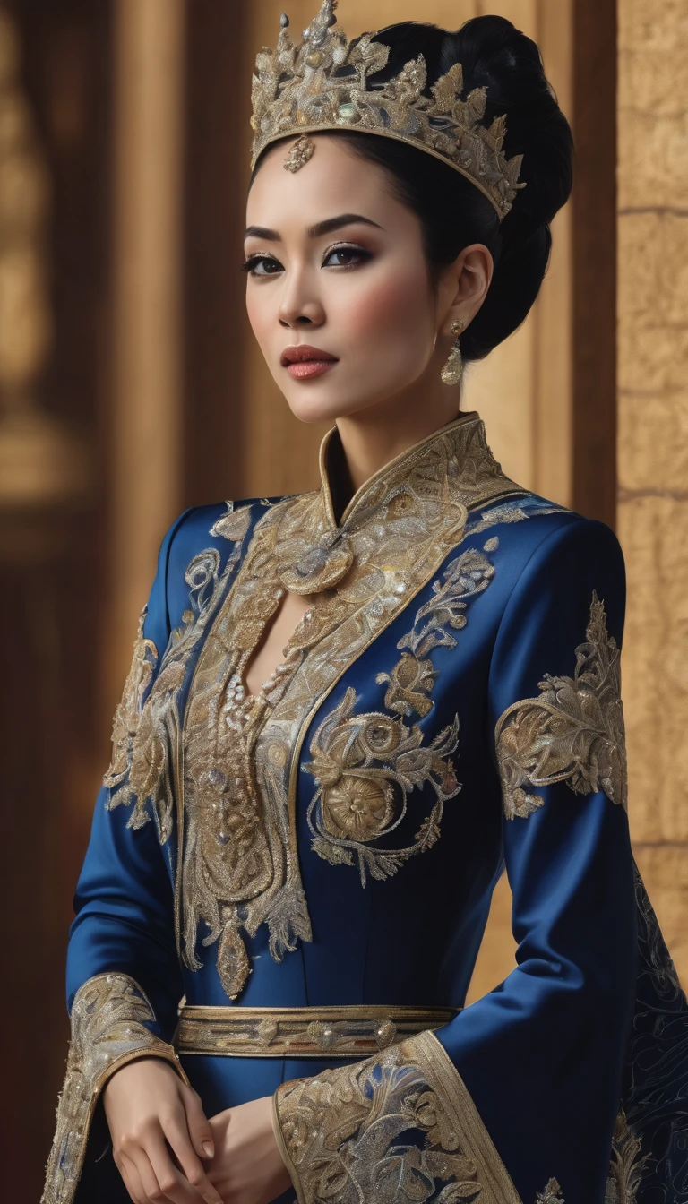 high detail, best quality, 8k, [very detailed], masterpiece, best quality, (very detailed), ultra wide shot, photorealistic, image of a Javanese empress wearing a Javanese royal gown (intricate detail, Masterpiece, best quality: 1.5 ), holding a scepter (intricate detail, Masterpiece, best quality: 1.5), wearing a crown with 12 stars (intricate detail, Masterpiece, best quality: 1.5), standing in front of the palace facing the enemy (intricate detail, Masterpiece, best quality: 1.5), black hair, long hair, flowing hair, sharp eyes, dynamic light, from the front, [[12 stars in the background]], best quality, high resolution, ultra wide angle