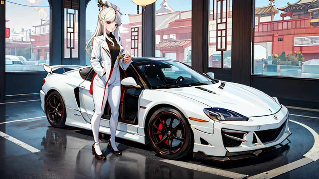 a casual ningguang from genshin impact in casual clothes stands next to her white 1991 Acura nsx, plain white background, image inspired by genshin impact, highly detailed and intricate details, ningguang_genshin, japanese sports car, looking at viewer, motor vehicle, standing, standing next to car, masterpiece, best quality, beautiful lighting, 1girl, solo, full body, wide shot, white outfit, white color car, 1girl,absurdres, high res, ultrasharp, 8K, masterpiece, looking at viewer