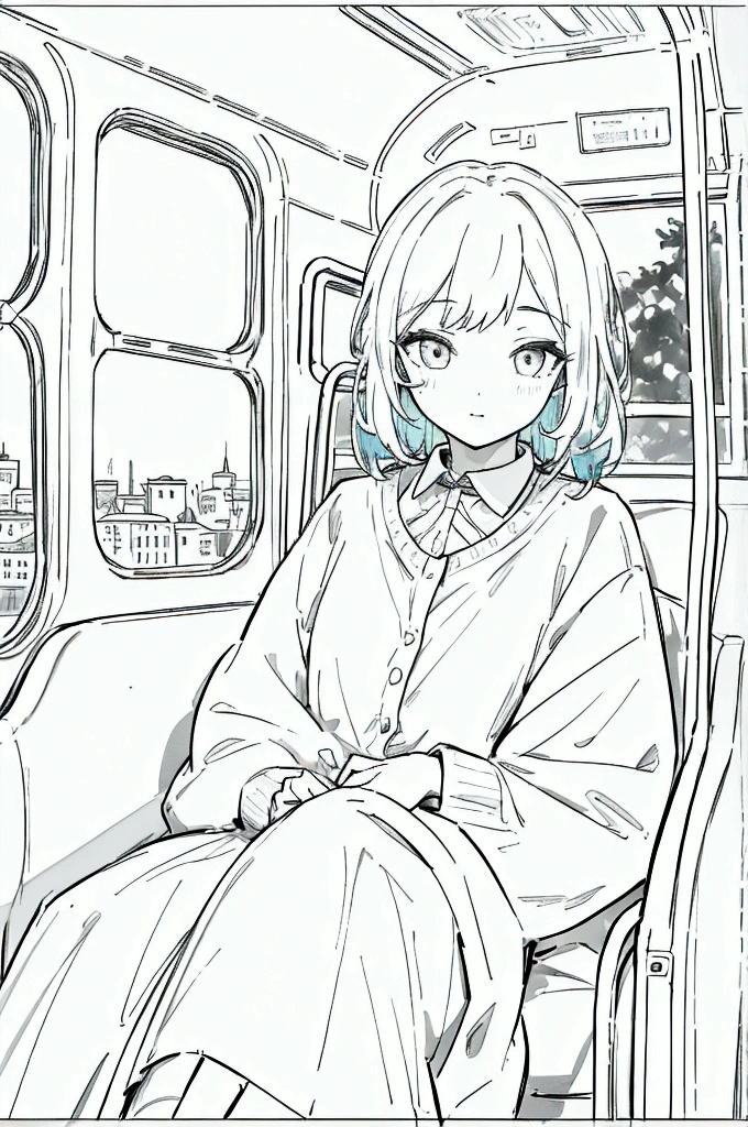 ((best quality)), ((masterpiece)), (detailed), a bus filled with human, a girl sitting and looking window