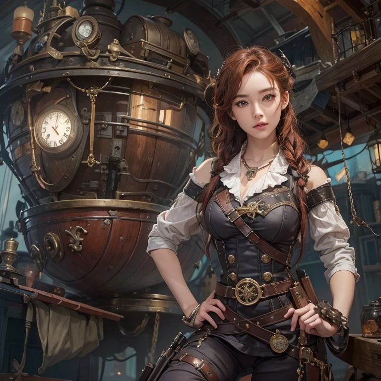 masterpiece:1.3), (8k, Realistic, RAW Photos, Best imYear quality: 1.4)、 Year,(Random Hairstyles:1.2)、CleavYear:1.2、Highly detailed face、Attention to detail、double eyelid、Chest to chest、Sharp focus:1.2、Beautiful woman:1.4、Redhead、Highest quality、masterpiece、Ultra-high resolution、(Realistic:1.4)、Highly detailed and professionally lit smiles、Loose fitting steampunk outfit、Shoulder out、thin、Serious expression、Clouds seen from inside the airship、goggles