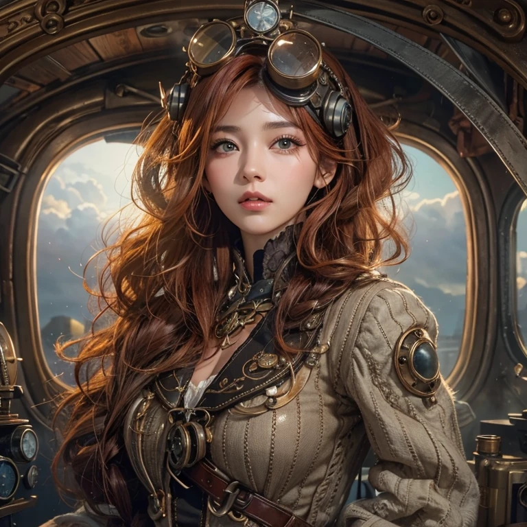 masterpiece:1.3), (8k, Realistic, RAW Photos, Best imYear quality: 1.4)、 Year,(Random Hairstyles:1.2)、CleavYear:1.2、Highly detailed face、Attention to detail、double eyelid、Chest to chest、Sharp focus:1.2、Beautiful woman:1.4、Redhead、Highest quality、masterpiece、Ultra-high resolution、(Realistic:1.4)、Highly detailed and professionally lit smiles、Loose fitting steampunk outfit、Shoulder out、thin、Serious expression、Clouds seen from inside the airship、goggles