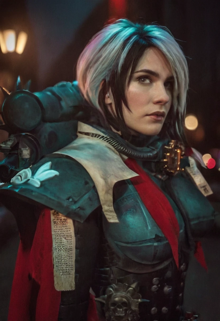 (realistic analog style sharp focus 8k raw photo with soft lighting and high quality:1.1), (hdr film grain:1.2),movie poster, a cute woman wearing a shiny (textured:1.2) (intricate:1.2) cyborgcosplay in a dark street at night, (cinematic hairstyle:1.2)
