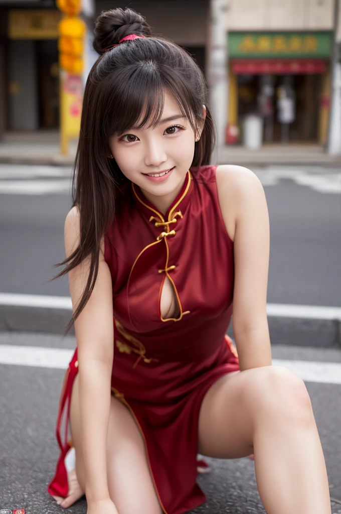 (8k, RAW photo, best quality, masterpiece:1.2), (realistic, photo-realistic:1.4), (extremely detailed 8k wallpaper), Japanese 20 age woman,she is wearing a cheongsam,The background is Chinatown,Her beautiful legs attract attention from all around her.She is embarrassed by the gaze of those around her,she is smiling,her hairstyle is a bun